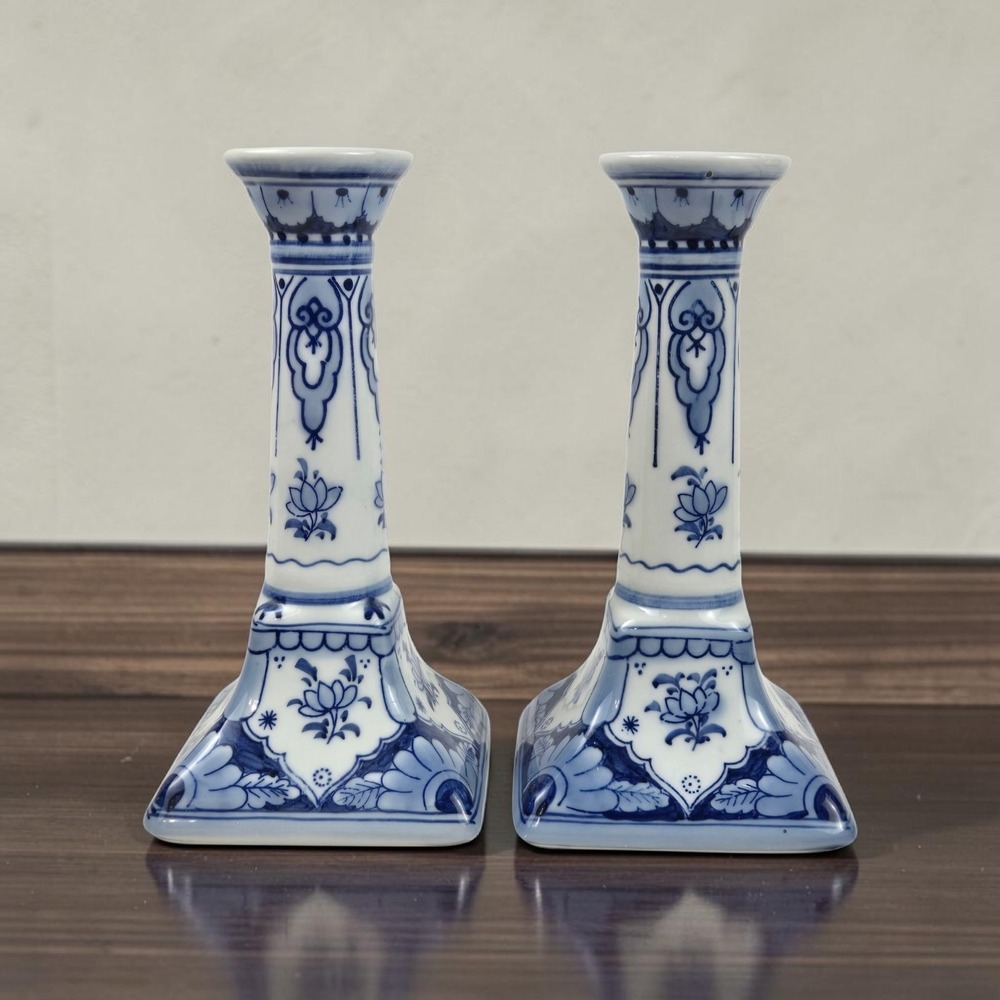 Blue & White Chinoiserie Porcelain Floral Taper Candlestick Holders Thailand 7"